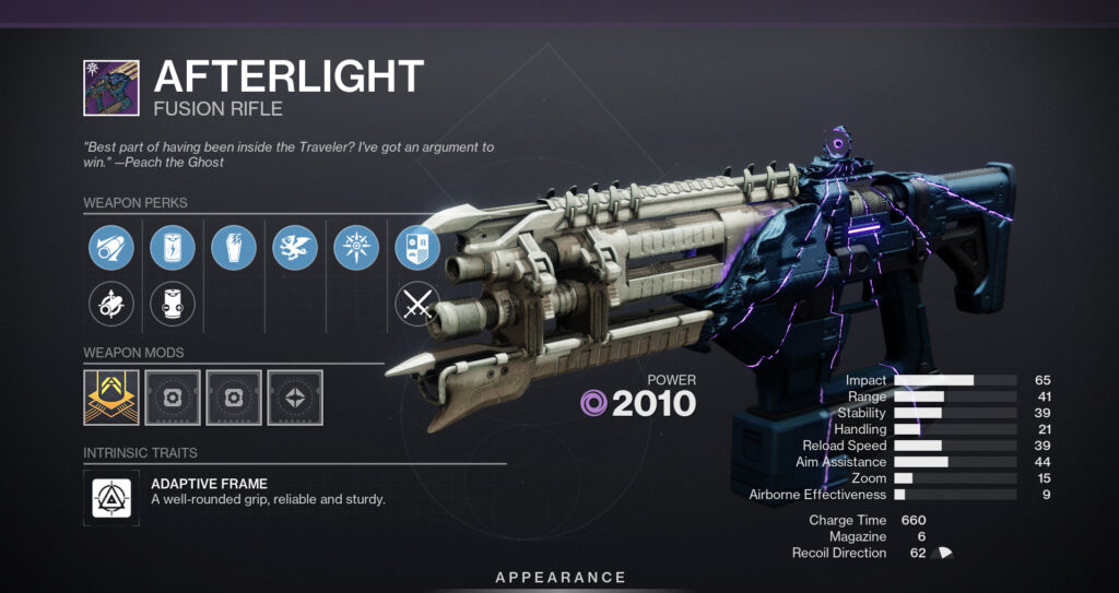 The Afterlight fusion rifle in Destiny 2 with stats.