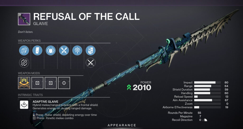 The Refusal of the Call glaive in Destiny 2 with perks.