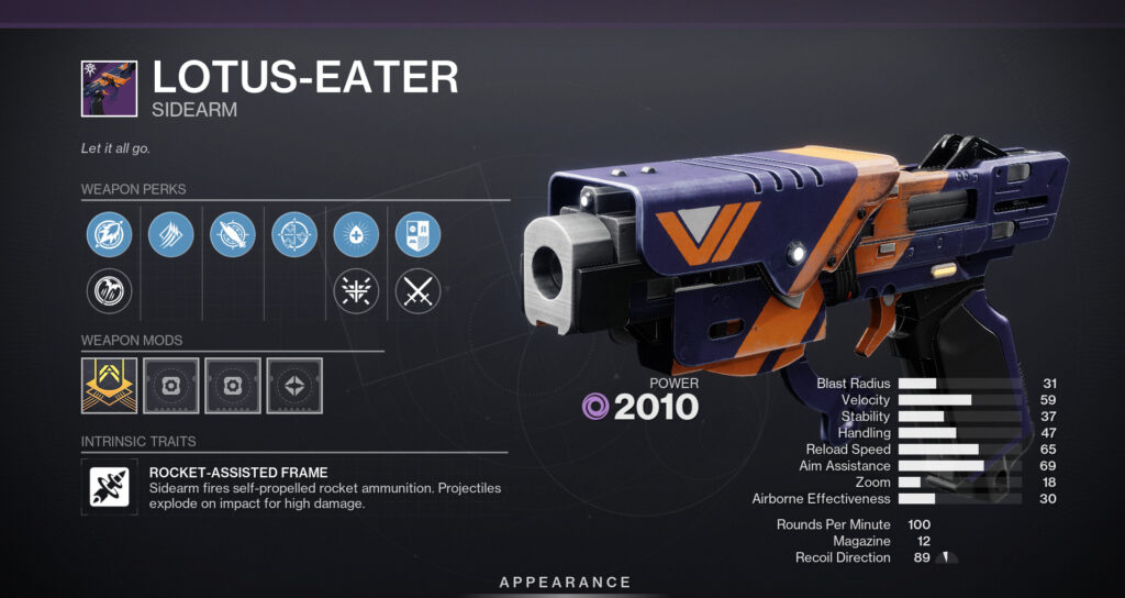Lotus-Eater, a rocket sidearm from Destiny 2, with perks displayed.