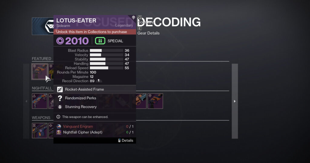 The Vanguard menu in Destiny 2 with Lotus-Eater selected.