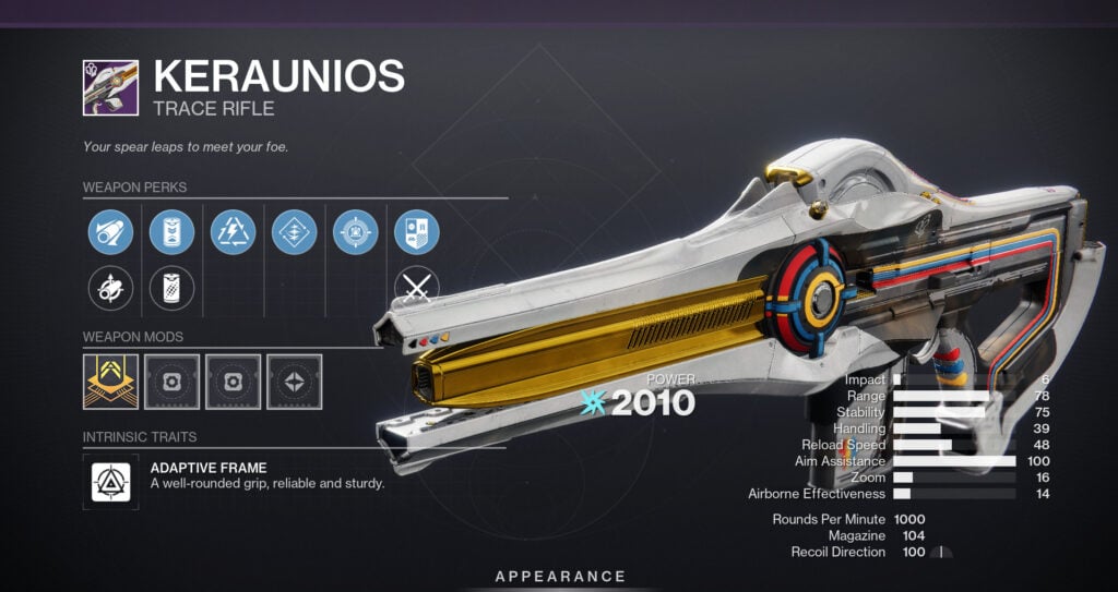 The Keraunios trace rifle in Destiny 2 with perks.