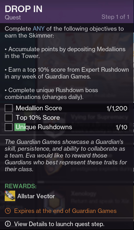 The Drop In quest in Destiny 2 with objectives displayed.