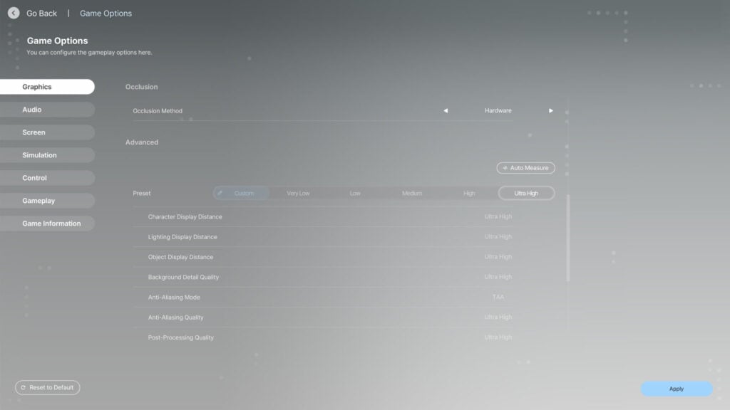 inZOI in-game graphics options will be available from "Very Low" to "Ultra High".