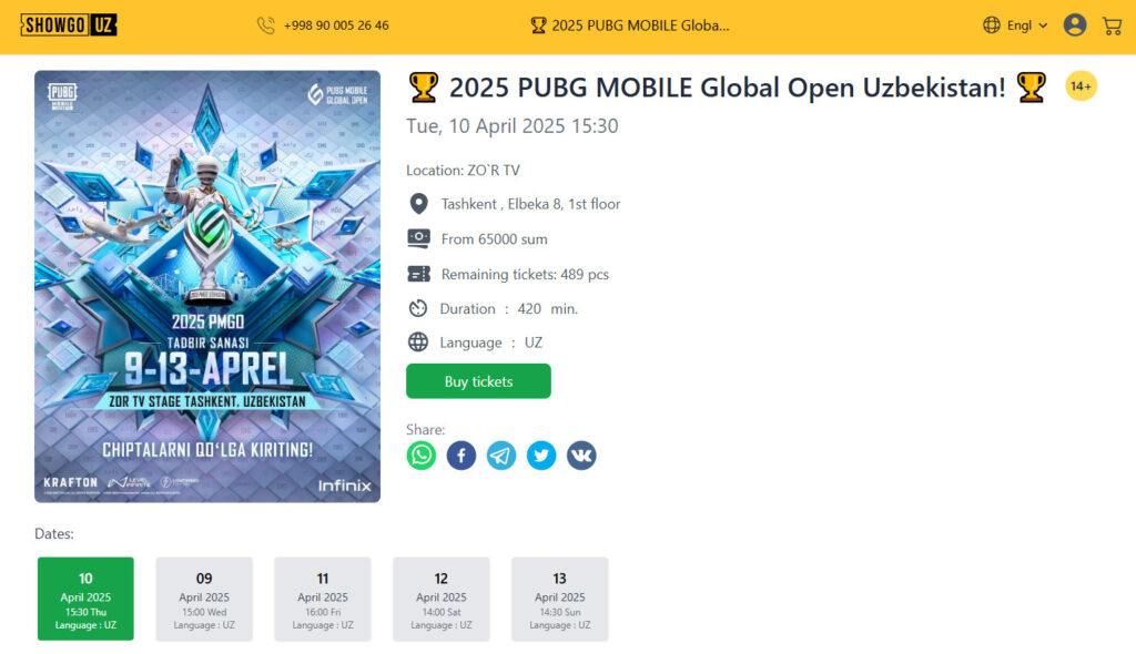 You can book your tickets from showgo.uz.