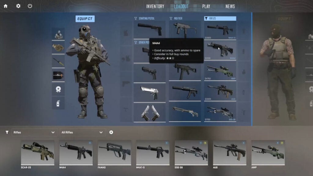 A screenshot of the loadout system in CS2.