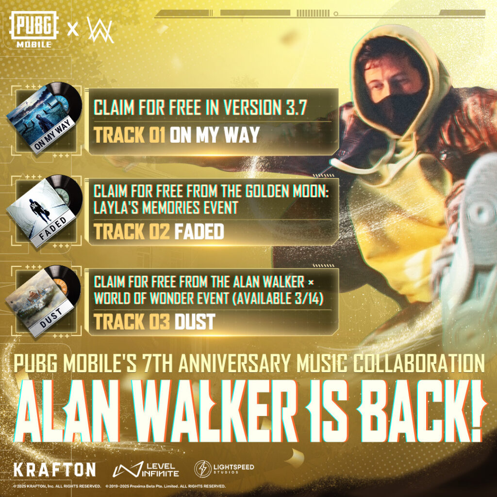 Three free music tracks from Alan Walker will be available for PUBG MOBILE 7th Anniversary celebration.
