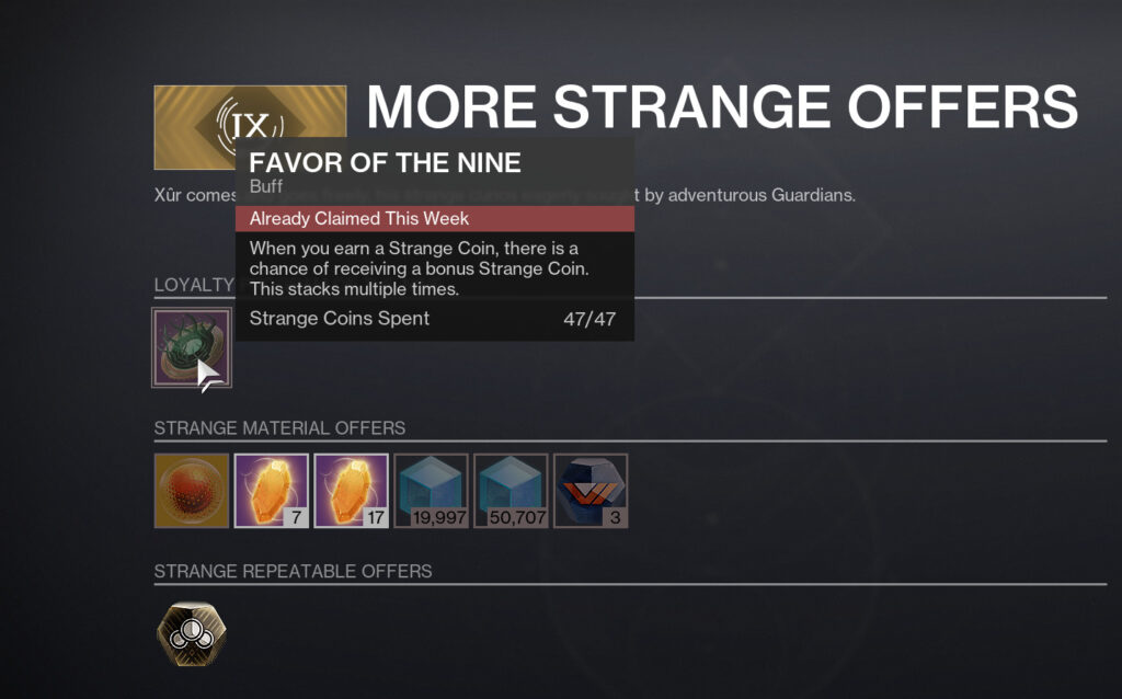 The Xur shop menu with More Strange Offers listed in Destiny 2.