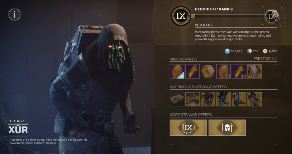 Xur with his shop offerings in Destiny 2.