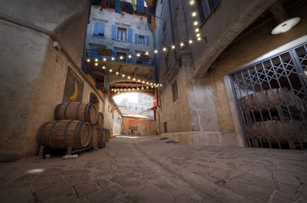 Banana, a cobblestone street in the map Inferno, in CS2.