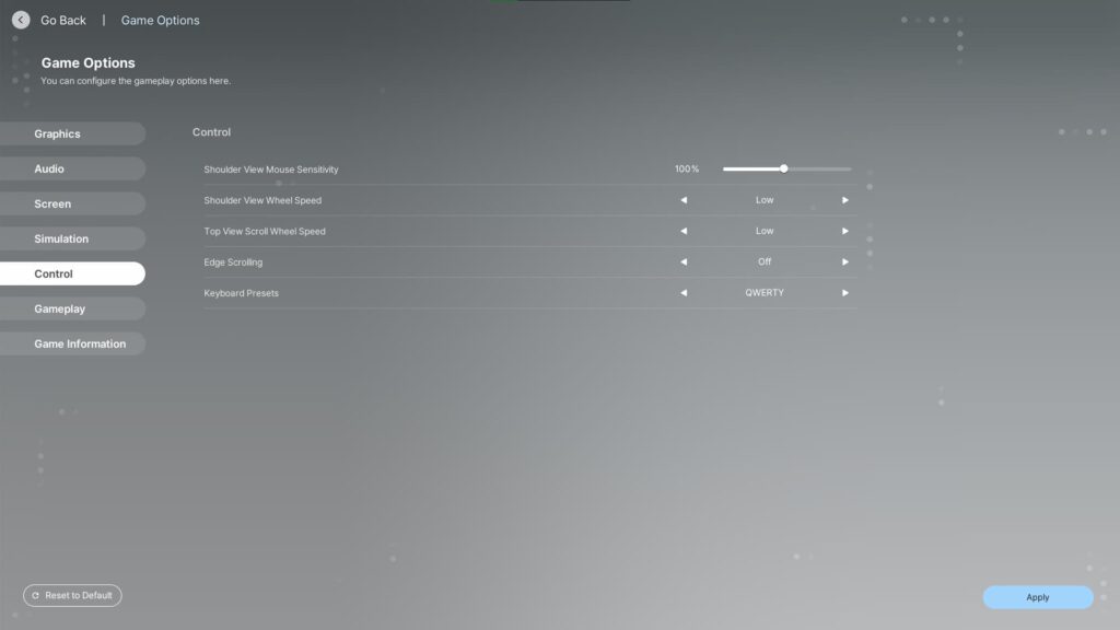 Control settings for inZOI