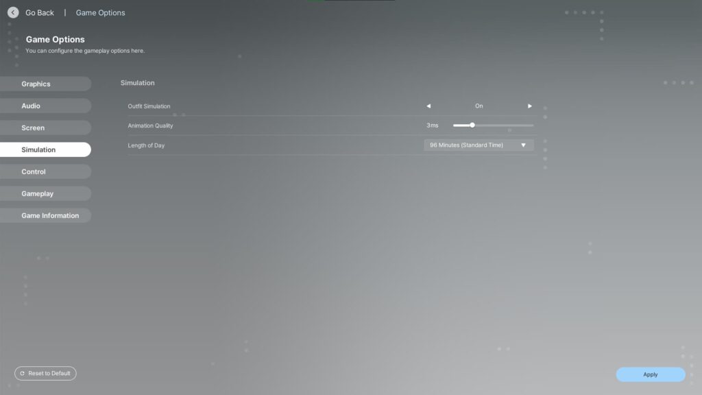 Simulation settings for inZOI