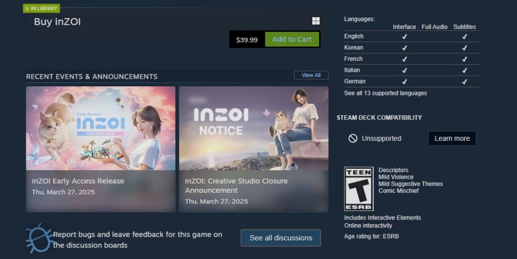 inZOI Steam page showing it is not supported on the Steam Deck.