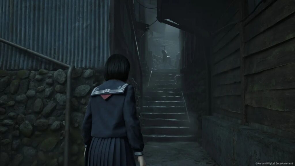 Hinako staring at a grotesque monster. 