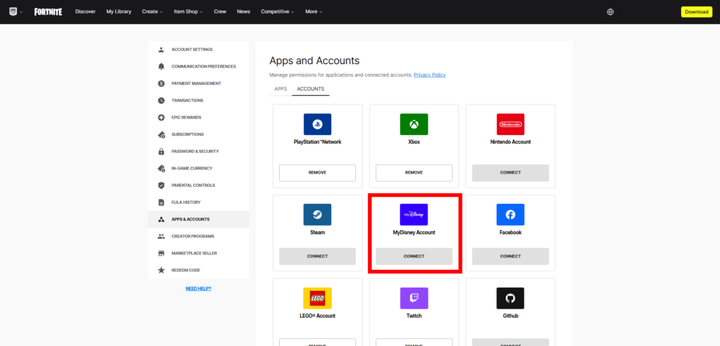 The MyDisney account icon on the Epic Games/Fortnite website