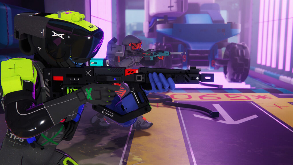 A Runner wields a rifle and prepares for battle in Marathon.