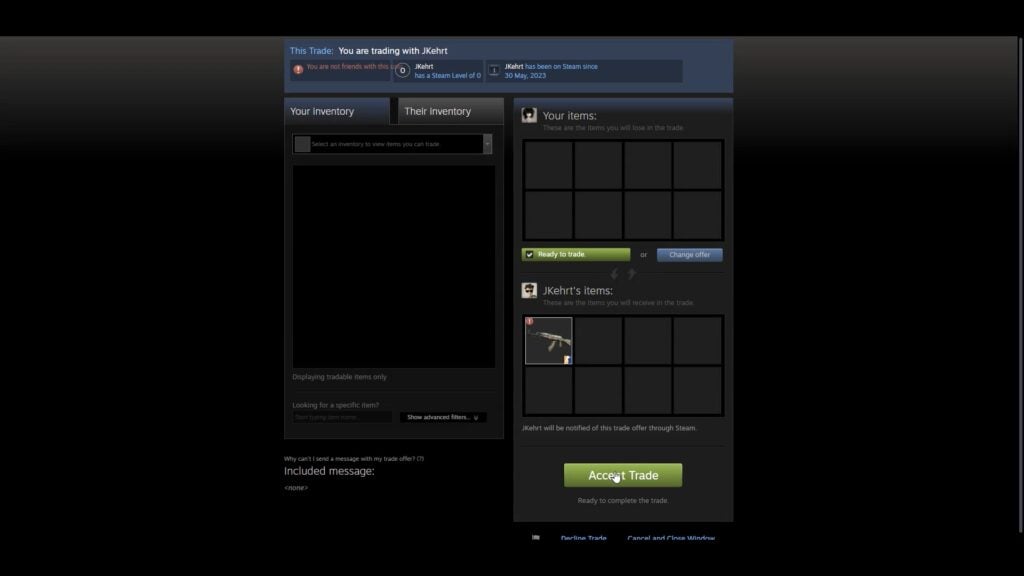 A user accepts the trade to withdraw their CS2 skin from Hellcase over to their Steam account.