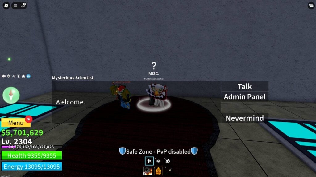 Accessing the Blox Fruits Admin Panel by talking to the Mysterious Scientist NPC