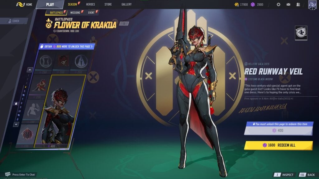 Black Widow's Red Runway Veil (Luxury) in the Marvel Rivals Season 2 Battlepass.