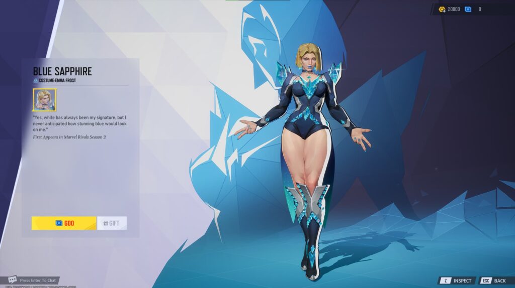 The Blue Sapphire Emma Frost skin in Marvel Rivals.