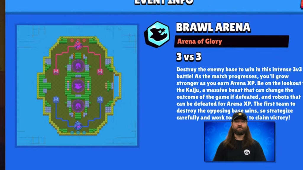 The screenshot for the Brawl Talk stream shows Brawl Arena, a MOBA game mode coming to Brawl Stars.