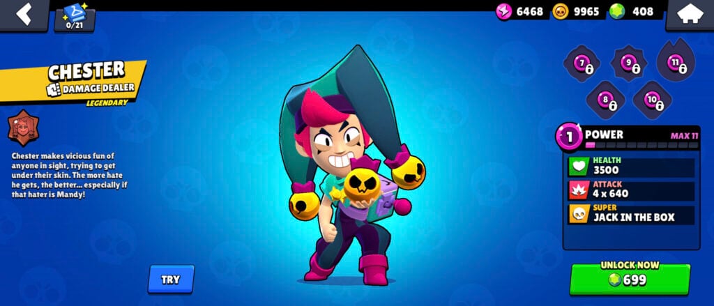The image features the brawler (character) Chester in the mobile game Brawl Stars: a screenshot.