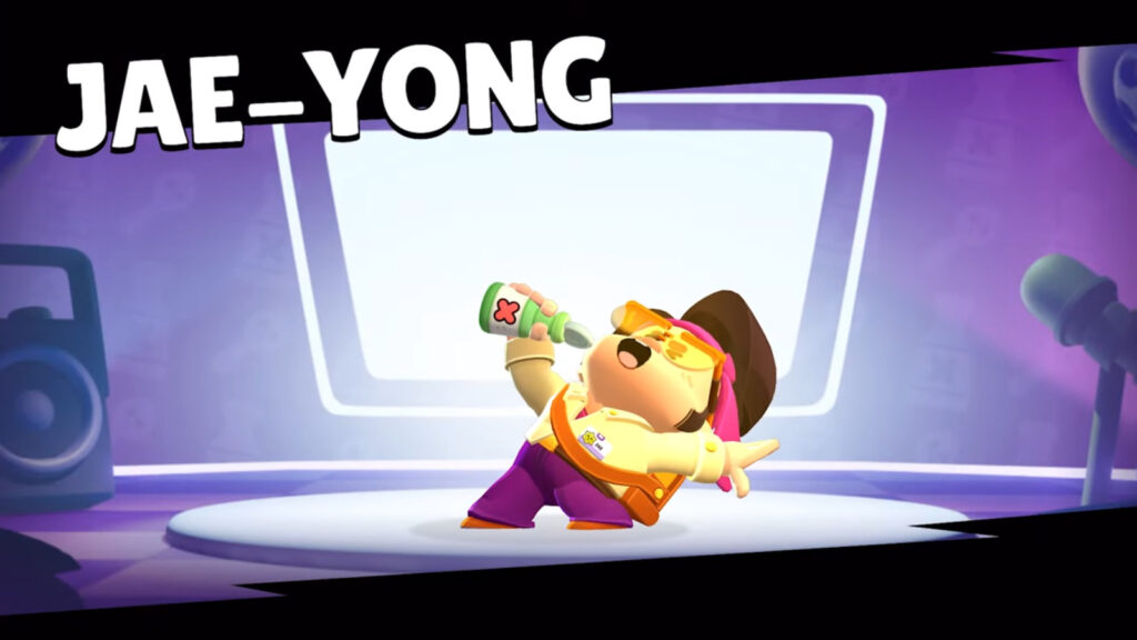 The image shows a new Brawl Stars character, the karaoke singer Jae-Yong.