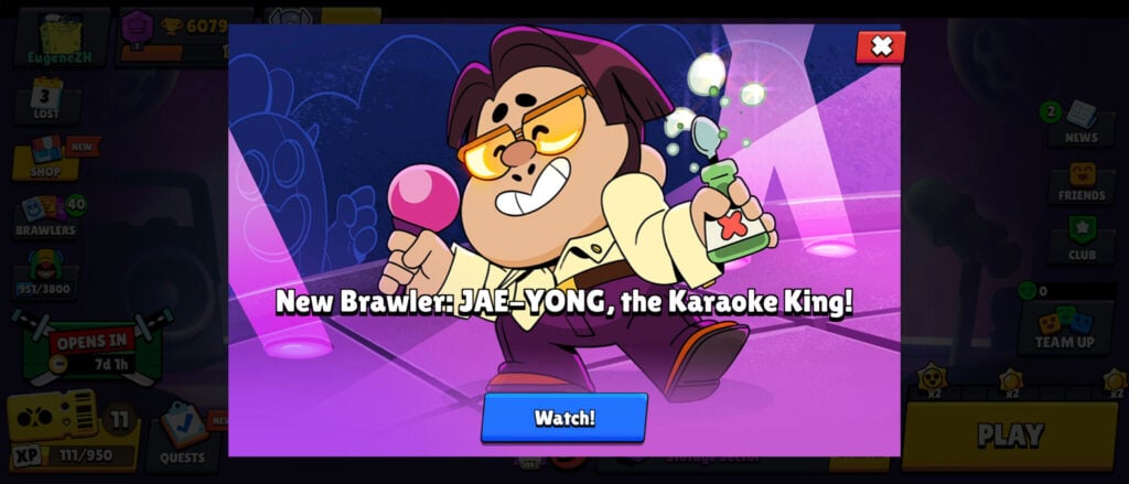 The image features the in-game notification about the addition of Jae-yong to Brawl Stars: he is a new character in this mobile game.