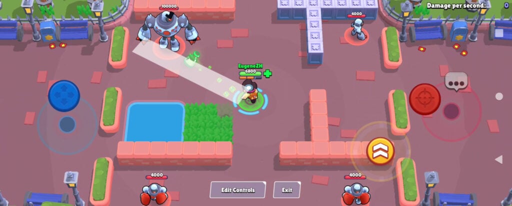 This Brawl Stars screenshot shows an example of Jae-yong’s main attack in the party mode. The image illustrates a guide on this brawler.