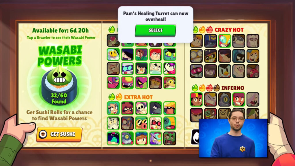 The image shows a list of all powers for the game characters during the Brawl Stars event Battle for the Katana Kingdom.