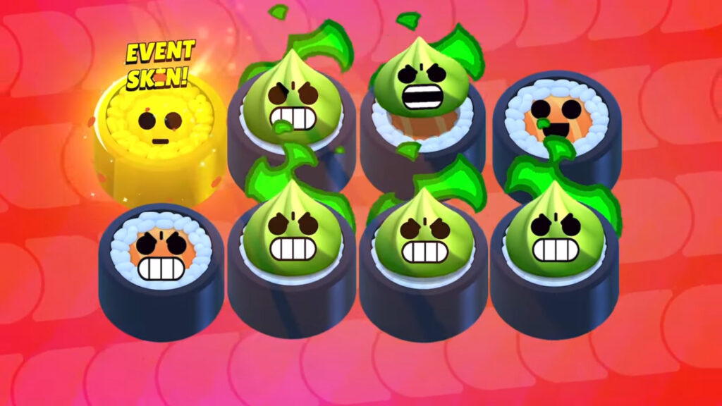 Sushi Rolls drop rewards during a special event in the mobile game Brawl Stars: the Battle for Katana Kingdom. The image shows these rolls
