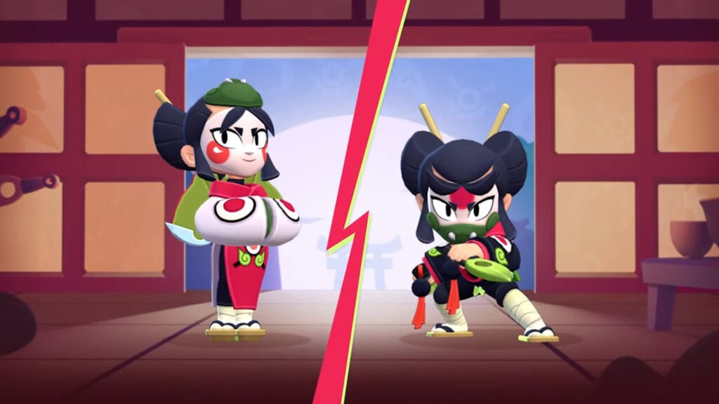 It's a screenshot from the Brawl Talk stream. The image shows two personalities of the Ultra Legendary brawler Kaze: ninja and geisha.