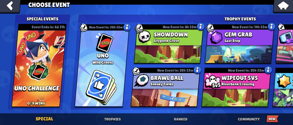 The image features icons of the game modes in Brawl Stars: specifically Special even and Casual matches of the UNO game mode.