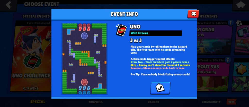 The image features the description of the UNO game mode in Brawl Stars.