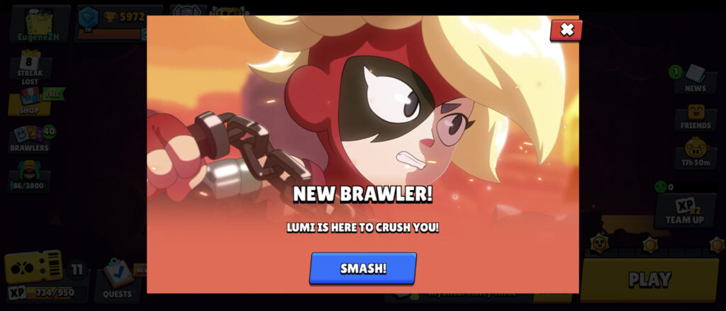 A new brawler joins the mobile game Brawl Stars: Lumi. The image is an in-game notification with the face of this character.
