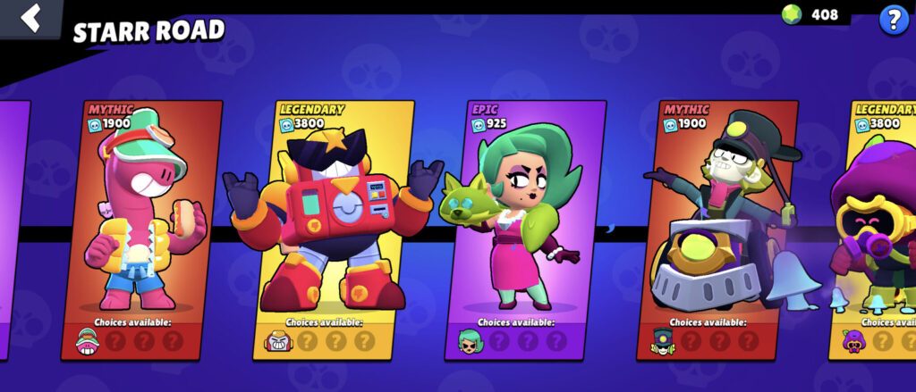 The screenshot from Brawl Stars shows Mythic characters on Starr Road: a system to unlock brawlers in the game for free.
