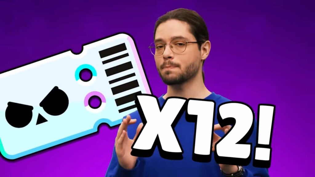 It's a screenshot from the Brawl Stars trailer about the P2W event. It shows a moment where the host promises 12 Brawl Pass Plus monthly subscriptions for five winners of the video contest