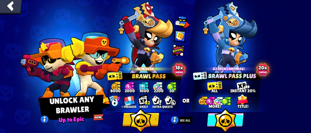 The Brawl Stars screenshot shows a summary of rewards in the new Brawl Pass season: Super Brawl. The image features skins for the brawler Bibi: Justice Smasher Bibi and Virtue Smasher Bibi.