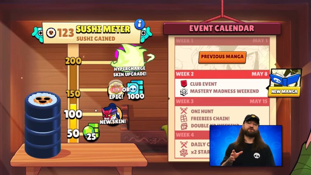 The screenshot from a Brawl Stars event stream shows special rewards from the event Battle for Katana Kingdom: from Sushi Meter.