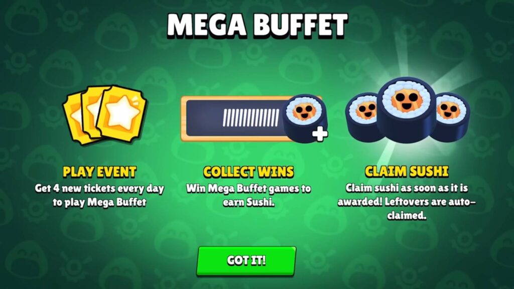It’s a screenshot from Brawl Stars: the home page of the game mode Mega Buffet during the season Battle for Katana Kingdom.