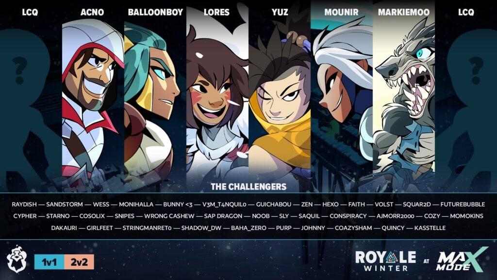 The image lists participants of the Brawlhalla esports event Winter Royale and shows their main characters.
