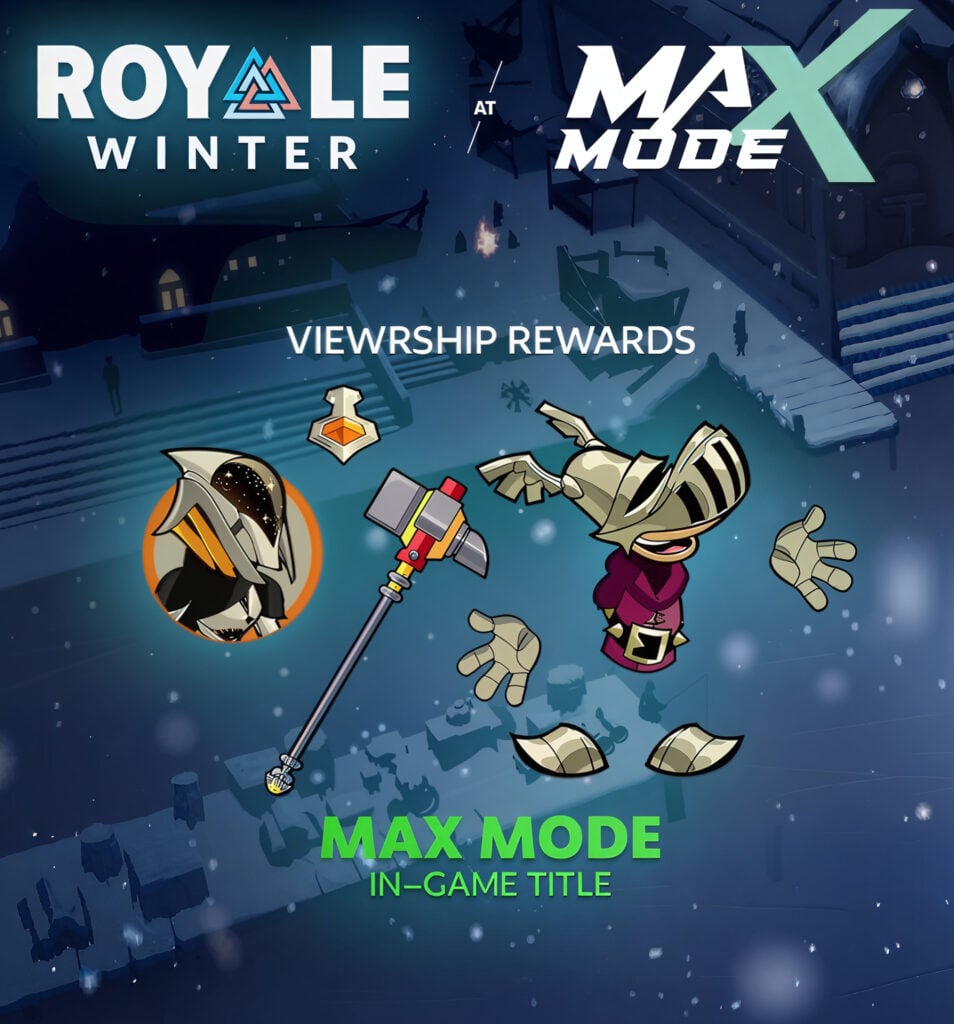 The official poster shows viewership rewards at the Brawlhalla esports event Winter Royale: cosmetic in-game items.