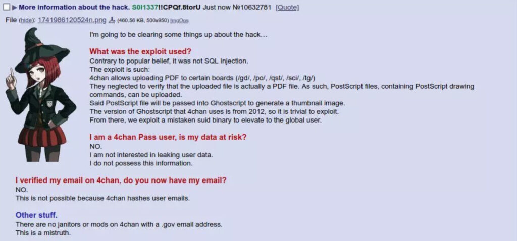 A forum post explaining the 4chan hack, allegedly saying that some subforums allowed the upload of PDF files without checking if they were actually a PDF. The supposed hacker explains this is how they uploaded their scripts to access user data.