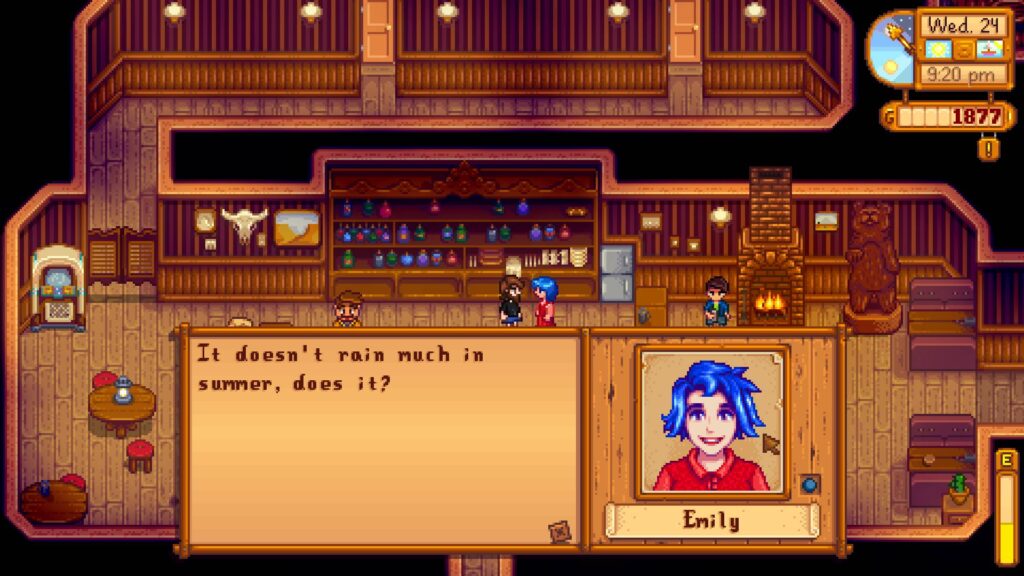 Talking to Emily inside Pelican Town's Saloon