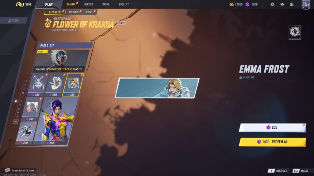 Emma Frost Nameplate in the Marvel Rivals Season 2 Battlepass.