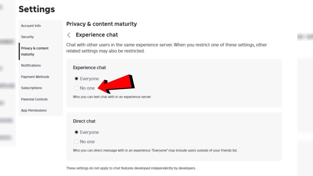 Experience chat settings on Roblox