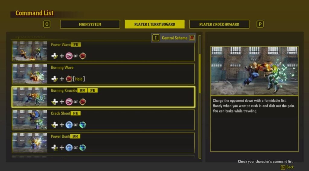 It’s a screenshot from the fighting game Fatal Fury: City of the Wolves. The image shows the Arcade control scheme for the character Terry Bogard.