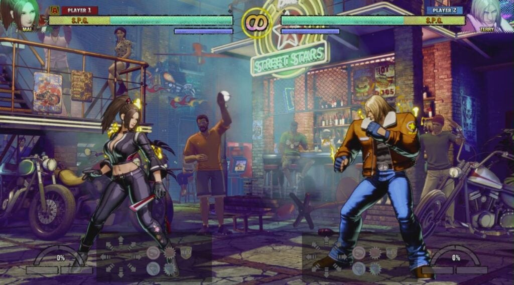 The image features the training mode in the game Fatal Fury: City of the Wolves — Mai vs Terry, practicing the Arcade Controls.