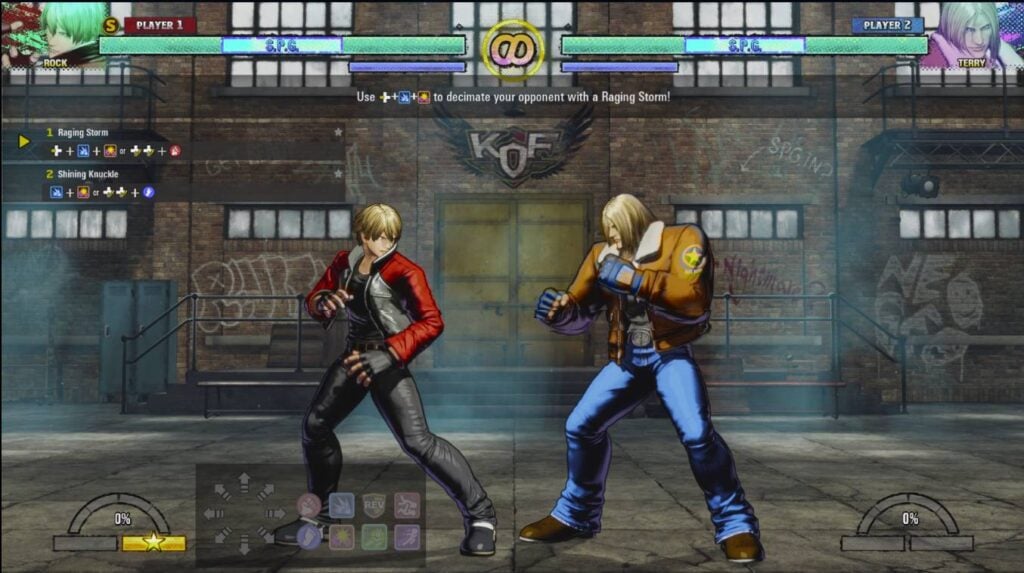 The image features the training mode in the game Fatal Fury: City of the Wolves — Rock vs Terry, practicing Supers on the Smart Controls.