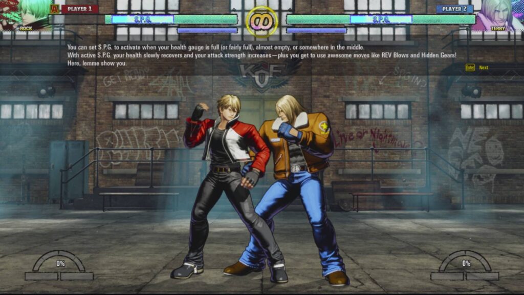 The screenshot from the fighting game Fatal Fury: City of the Wolves shows how to use S.P.G., which is part of the REV system.