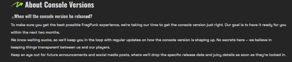 The FAQ on the FragPunk website regarding the game's console release date.